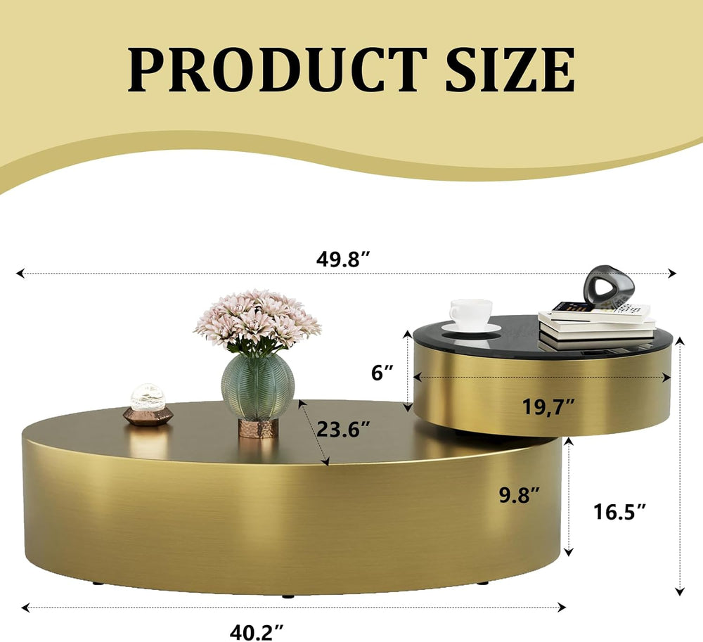 Oval Rotating Coffee Table with Tempered Glass Top, 2-Tier Design & 360° ...