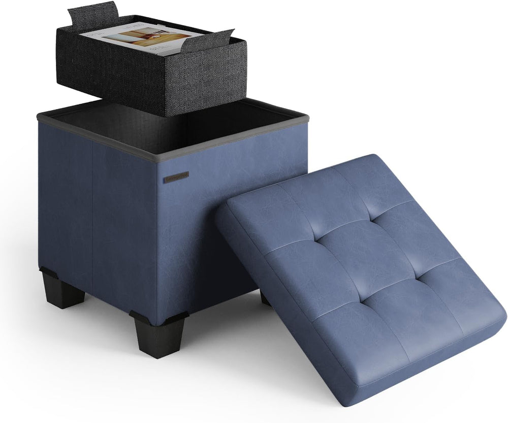 Storage Ottoman Cube with Small Bin, 15-in Square Ottoman with Storage for Li...