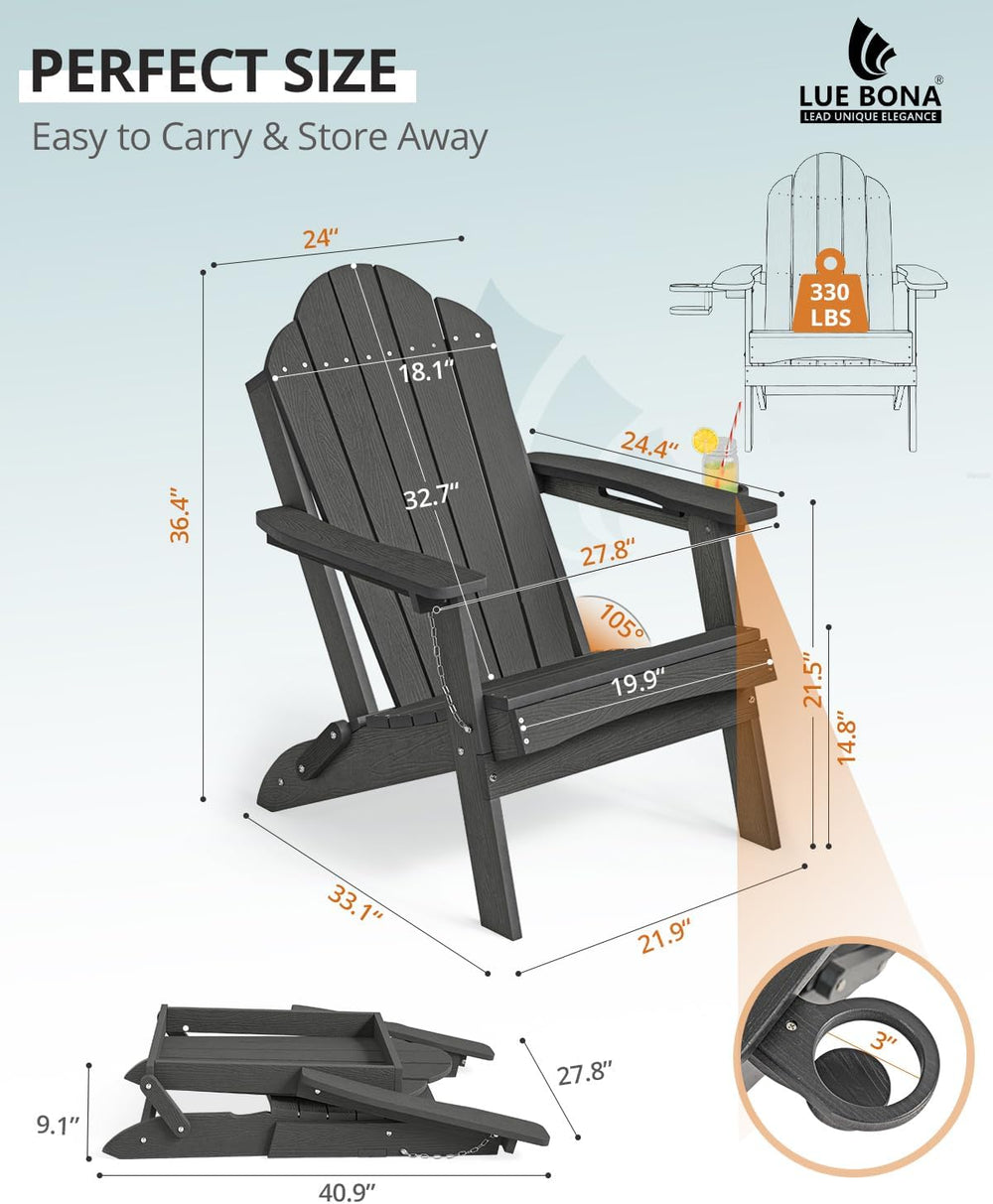 LUE BONA HDPE Folding Adirondack Chair, Cup Holder, Set of 4, Black