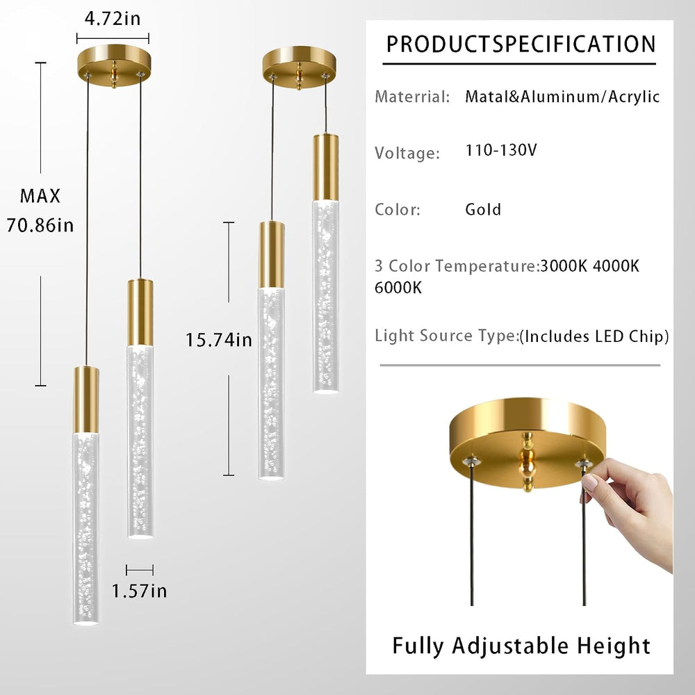 Modern 2-Light Gold Pendant Light Fixture for Kitchen Island, 3-Color LED Acr...