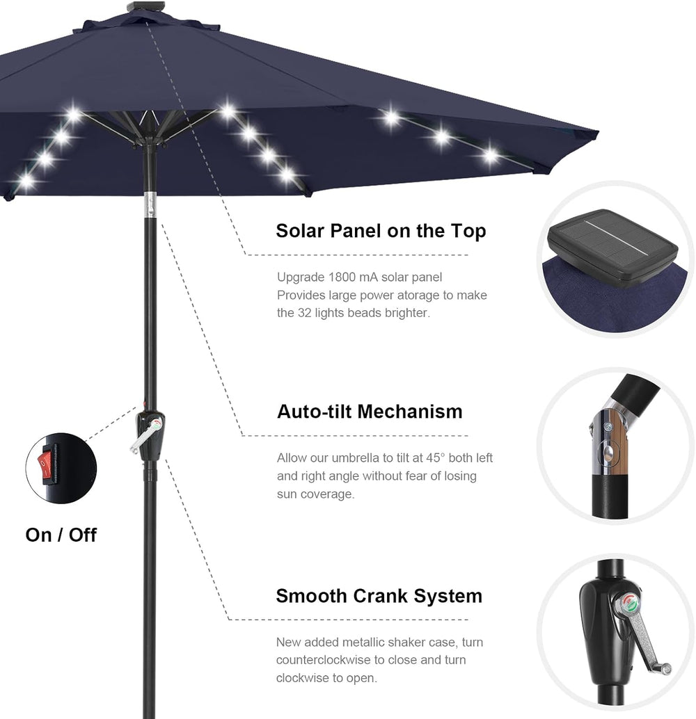 ABCCANOPY Solar Led Patio Umbrella with 32 Lights 9FT(Navy Blue)