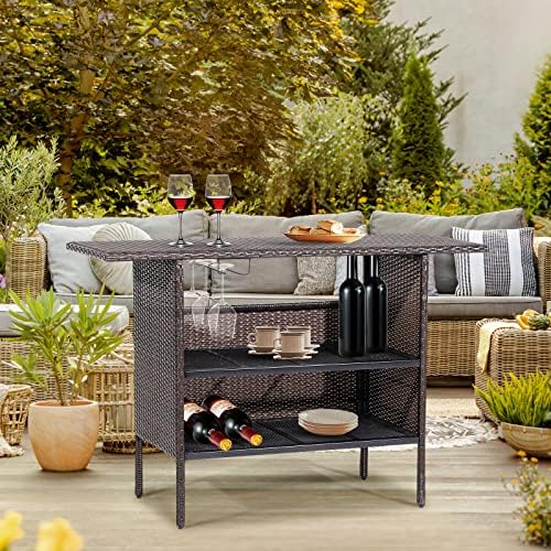 Tangkula Outdoor Wicker Bar Table, Patiojoy All Weather Patio Bar Height Tabl...