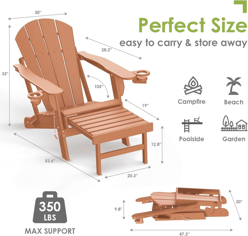 GREENVINES Adirondack-Chairs-with-Ottoman Set of 2, Folding,HDPE, Teak