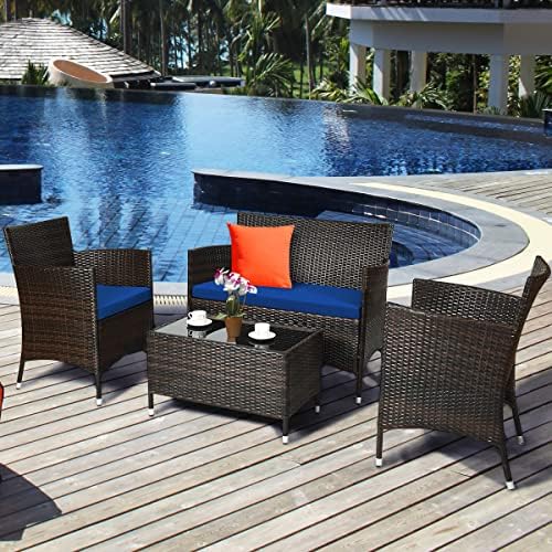 Tangkula 4-Piece Modern Patio Rattan Conversation Set, Outdoor Wicker Furnitu...