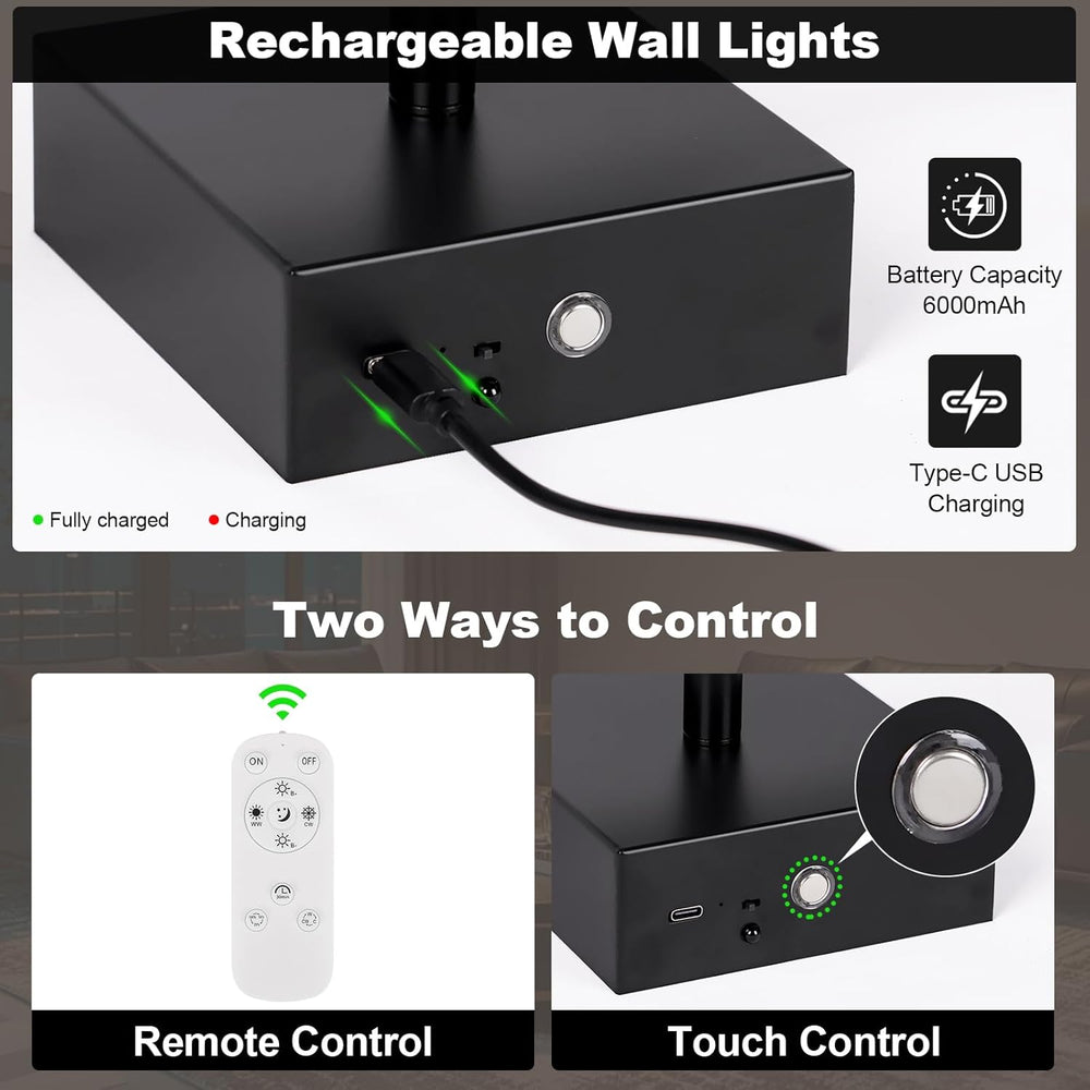 Battery Operated Wall Sconce Set of Two with Remote Control, 3000K-6000K Dimm...