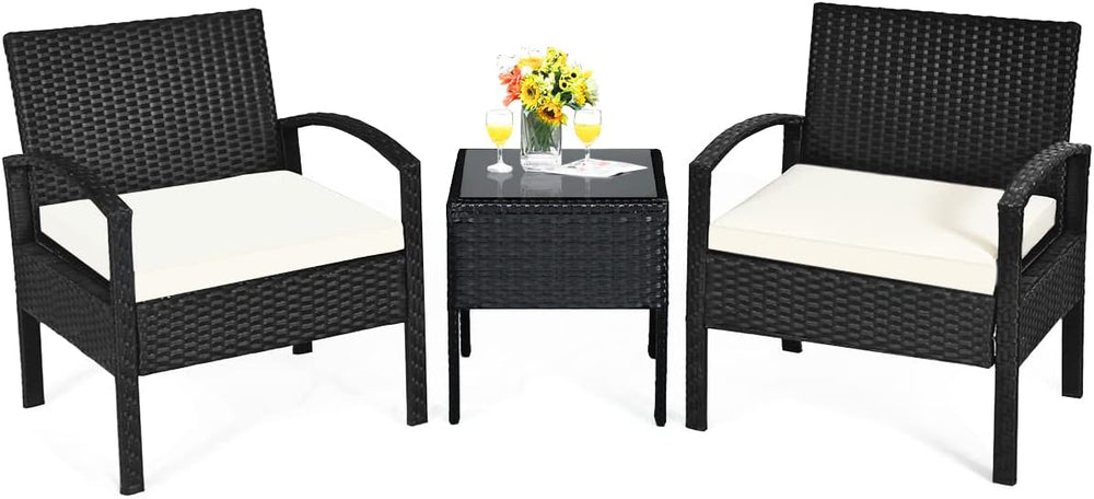 Tangkula 3 Piece Patio Conversation Set, Outdoor Rattan Sofa Set with White S...