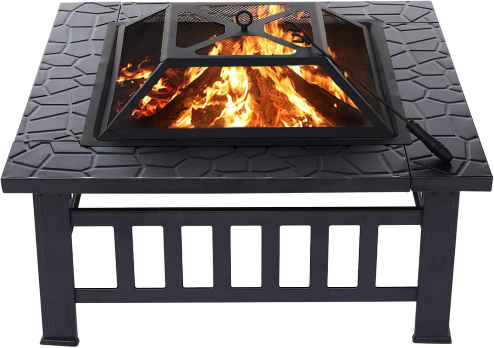32'' Fire Pit Wood Burning Firepit Metal Square Outdoor Fire Pit Stee...