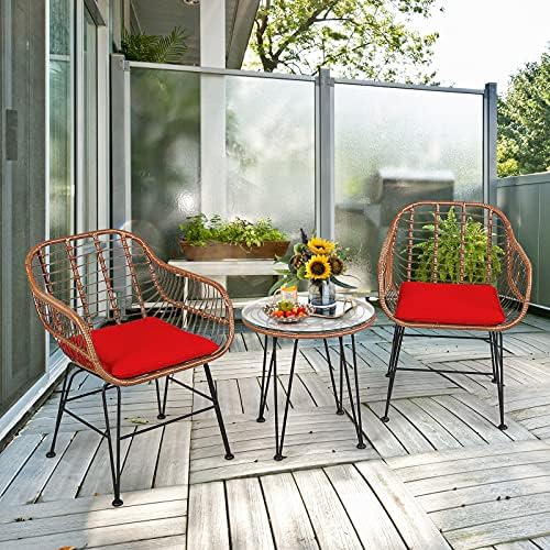 Tangkula 3 Pieces Patio Conversation Bistro Set, Outdoor Wicker Furniture w/R...
