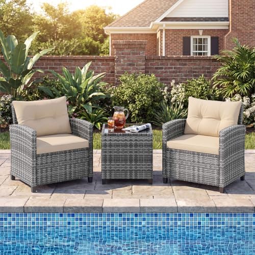 COSTWAY 3PCS Wicker Patio Furniture Set with Cushions for Balcony and Porch