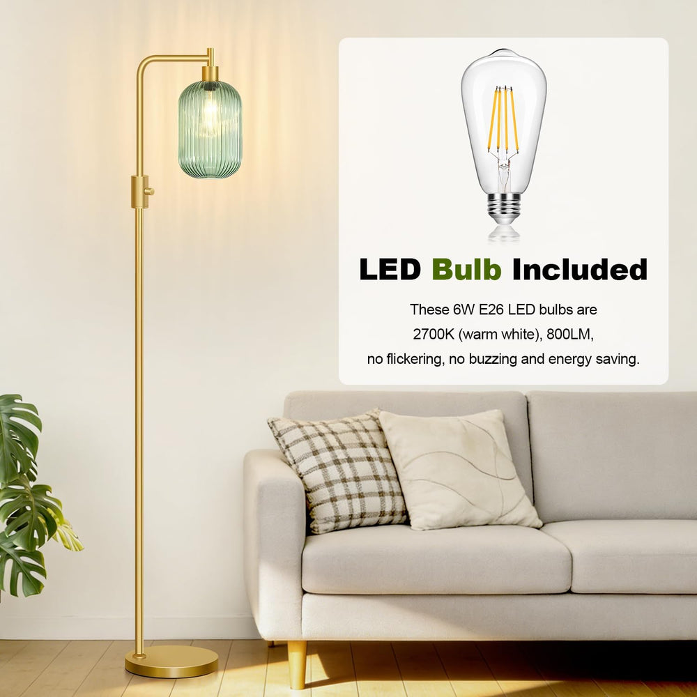 【Upgraded】 Dimmable Floor Lamp for Living Room with Green Ribbed Glass Lampsh...