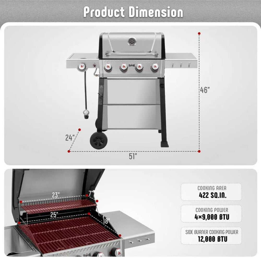 Feasto 4-Burner Propane Grill with Ceramic Burner Chamber & Side Burner