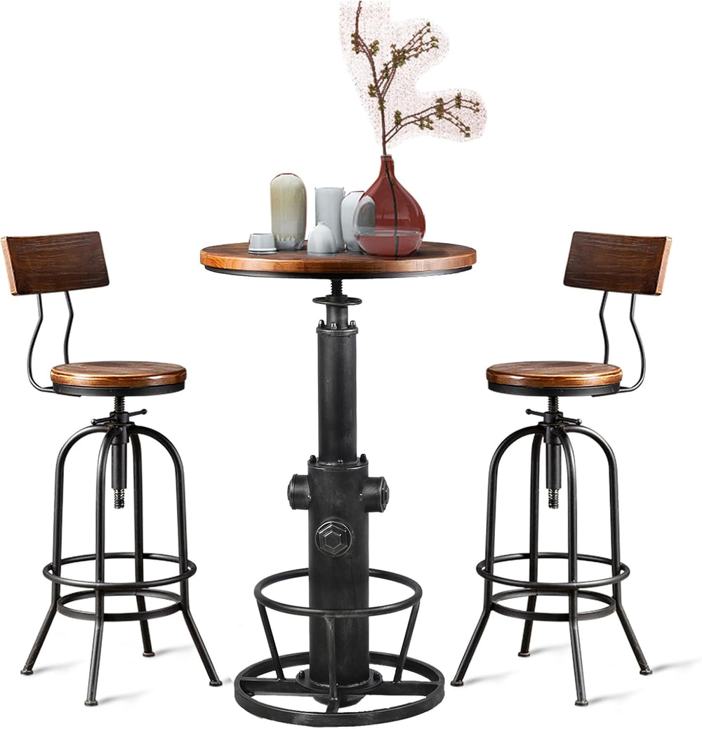 LOKKHAN 3-Piece Bar Table (38.6"-48.4") & 2 Backrest Stools (26...