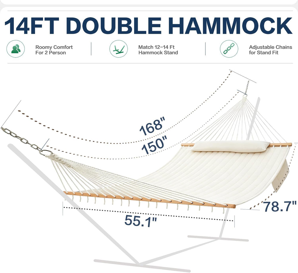 GAFETE 14FT 2 Person Family Hammock for Outside with Soft Pillow, Oversized