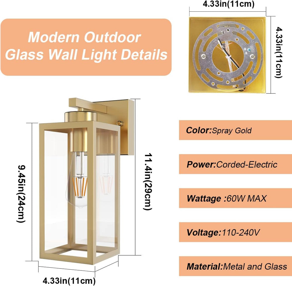 Tipace Outdoor Wall Lantern 2 Pack Gold Exterior Wall Sconce with Clear Glass...