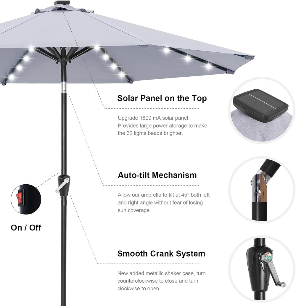 ABCCANOPY Solar Led Patio Umbrella with 32 Lights 9FT(Light Gray)