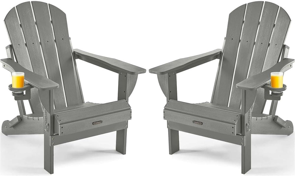 Ciokea Folding Adirondack Chairs Set of 2 with Cup Holder, HDPE, Grey