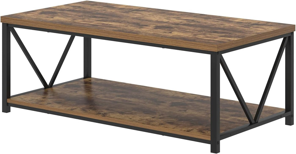 EXCEFUR Modern Coffee Table, Rustic Wood and Metal Living Room Table with Sto...