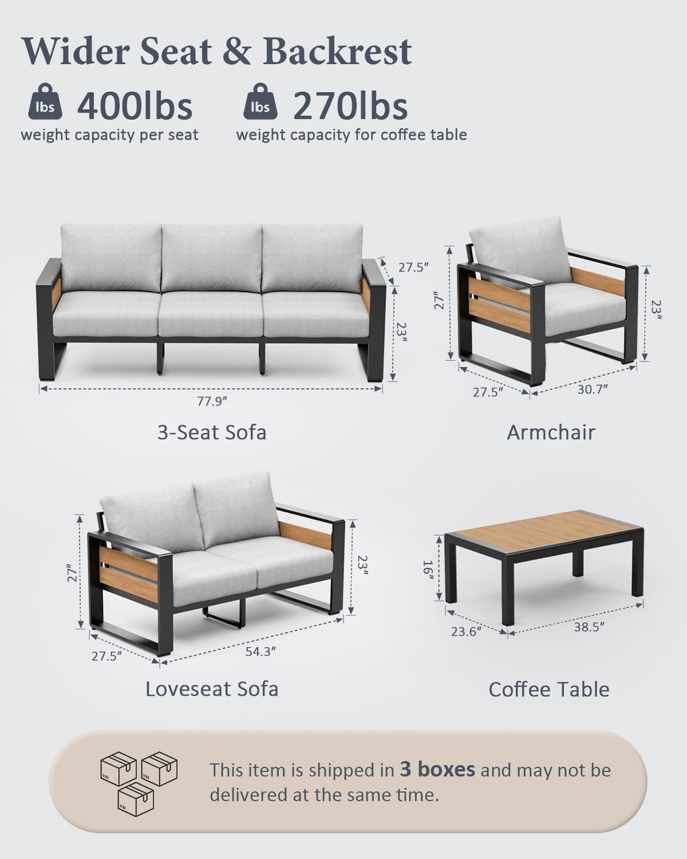 ZANDOR Aluminum Outdoor Patio Furniture Set with Table,4 Seat, Grey