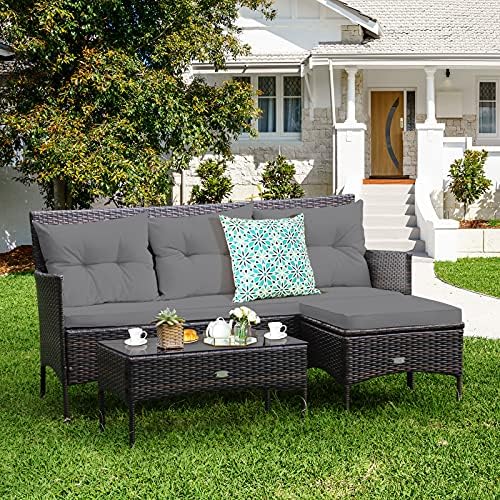 Tangkula 3 Pieces Patio Conversation Set, All Weather Outdoor PE Rattan Wicke...