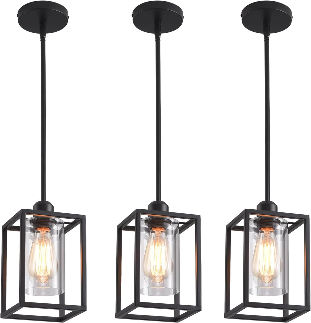 3 Pack Stem Rod Black Pendant Lights for Kitchen Island Industrial Lantern Pe...