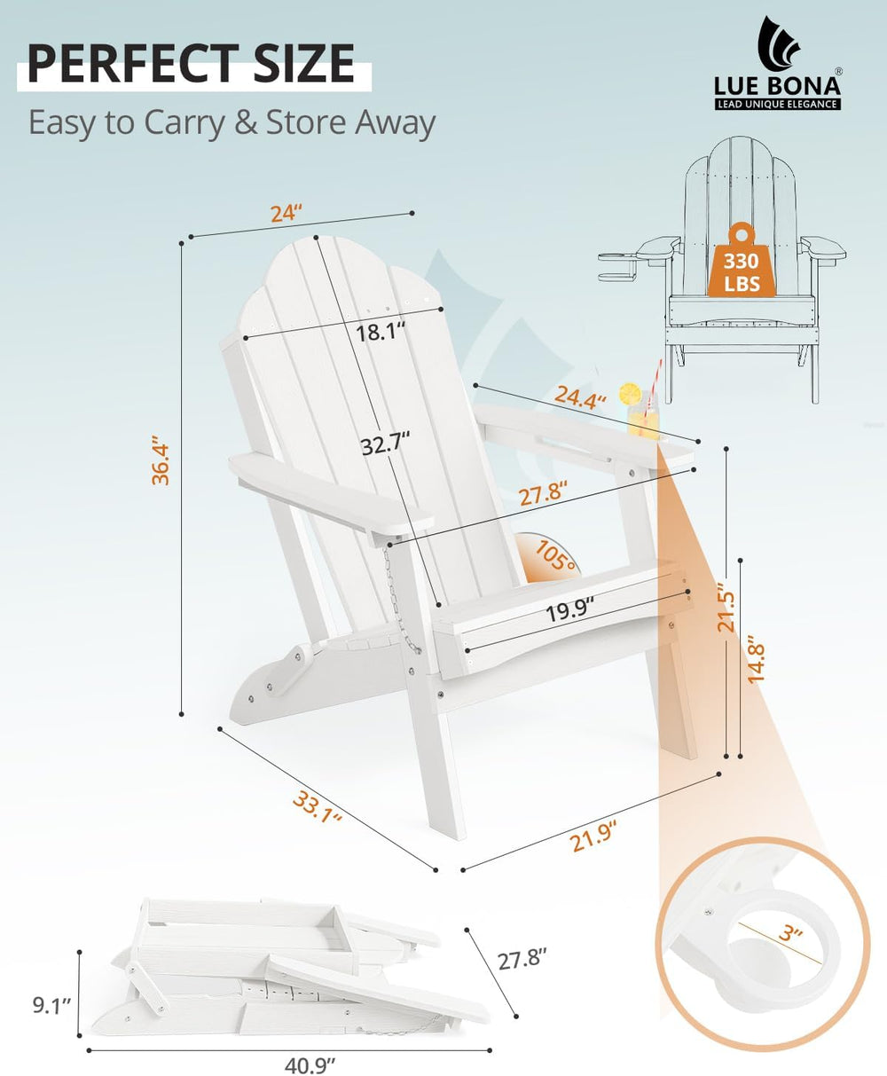 LUE BONA HDPE Folding Adirondack Chair, Cup Holder, Set of 2, White