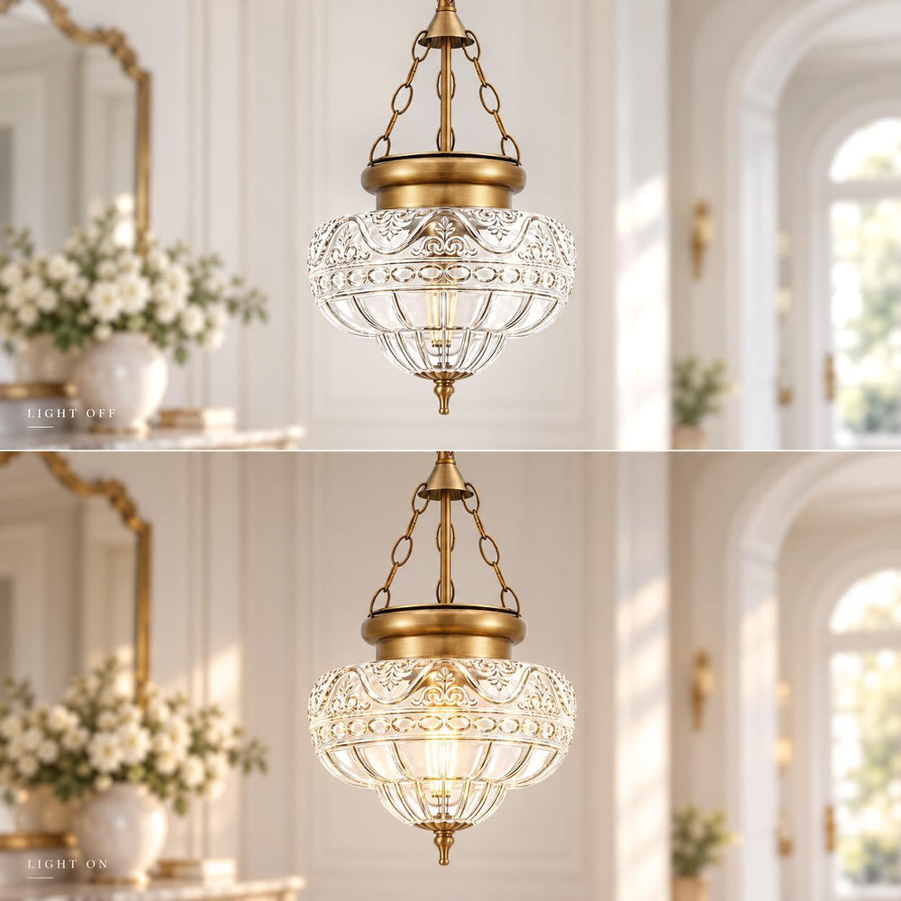 Vintage Antique Brass Pendant Lights Kitchen Island, Textured Glass