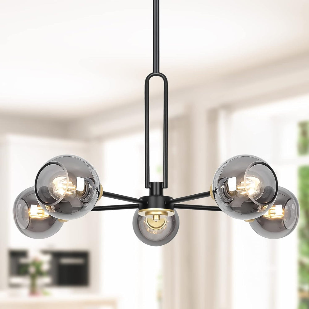 5-Light Black Sputnik Smoked Glass Ceiling Light Globe Chandelier