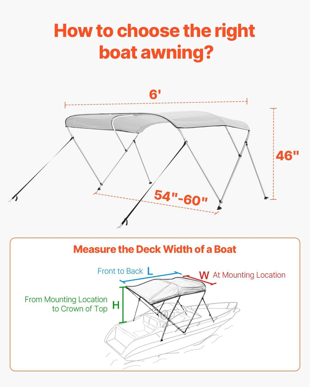 VEVOR 3 Bow Boat Bimini Tops, 600D Polyester Canopy with Aluminum Alloy Frame...