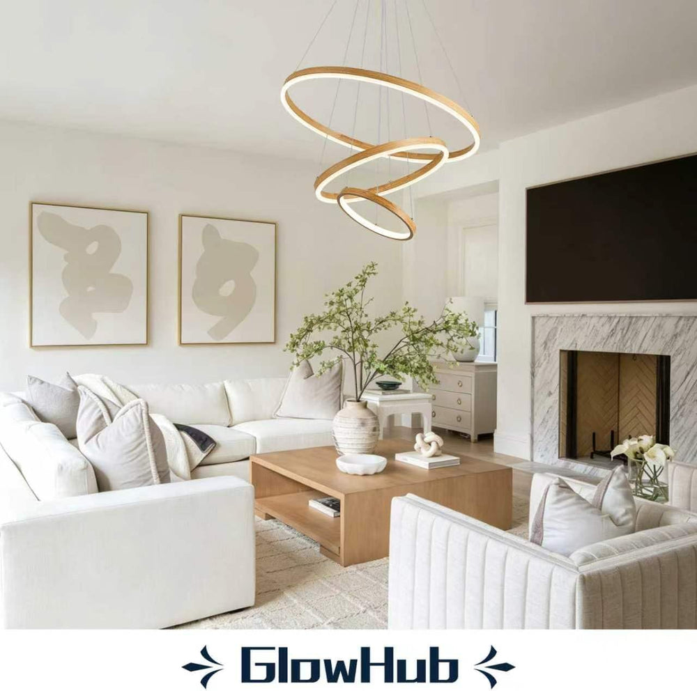 Modern LED Chandelier 24" Circular Pendant Light 3-Ring with Wood Grain ...