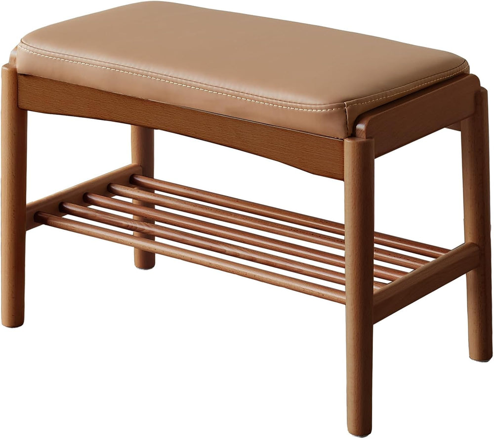 Solid Wood Shoe Bench, 24 Inch Entryway Bench with Brown Leather Cushion