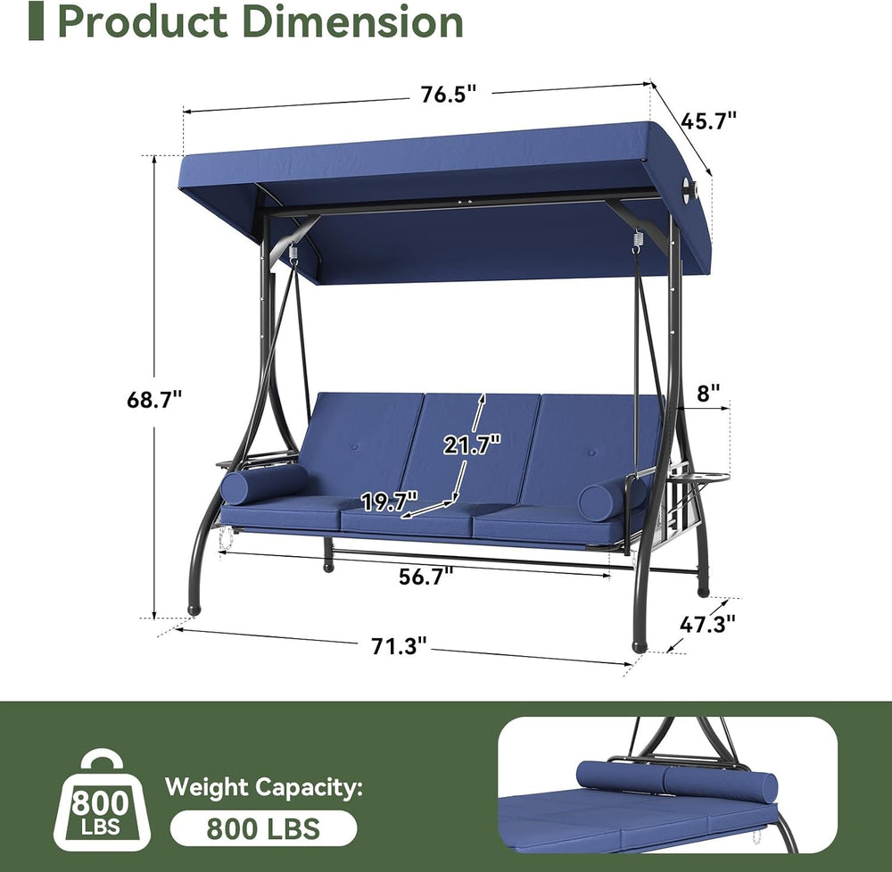 Aoxun Outdoor Porch Swing with Stand and Canopy, 3 Seats Outdoor Swings for A...