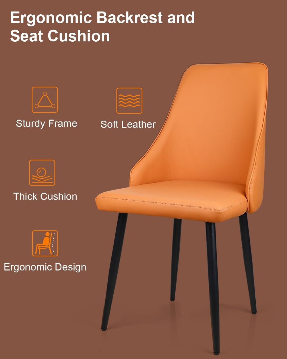 Mid-Century Modern Dining Chairs, Set of 2 Orange Leather Upholstered High Ba...