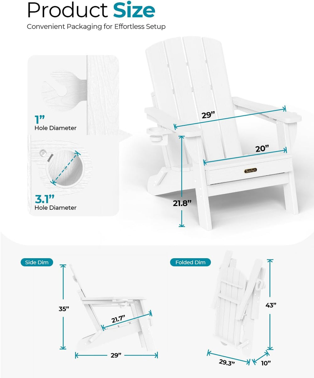 Folding Adirondack Chair, HDPE, 2 Cup Holders, White