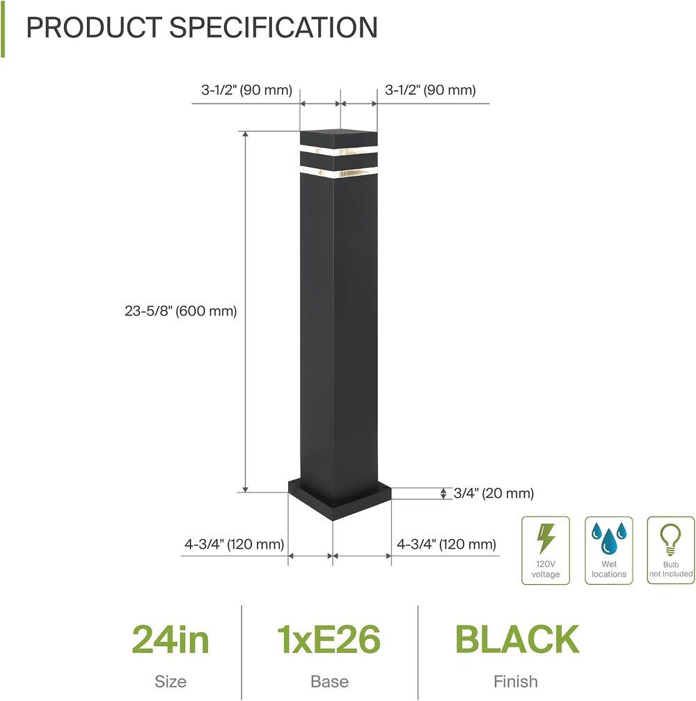 ASD 24" Square Bollard Light Fixture, Outdoor Pathway Floor Lamp | Antig...