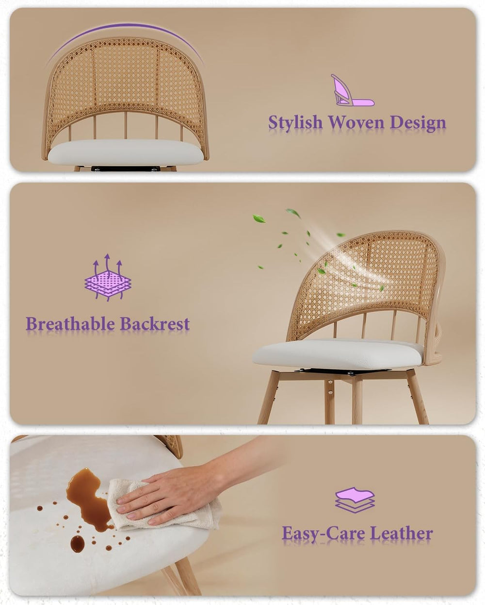 26'' Bar Stools Set of 2, Rattan Counter Height Swivel Stools for Kit...