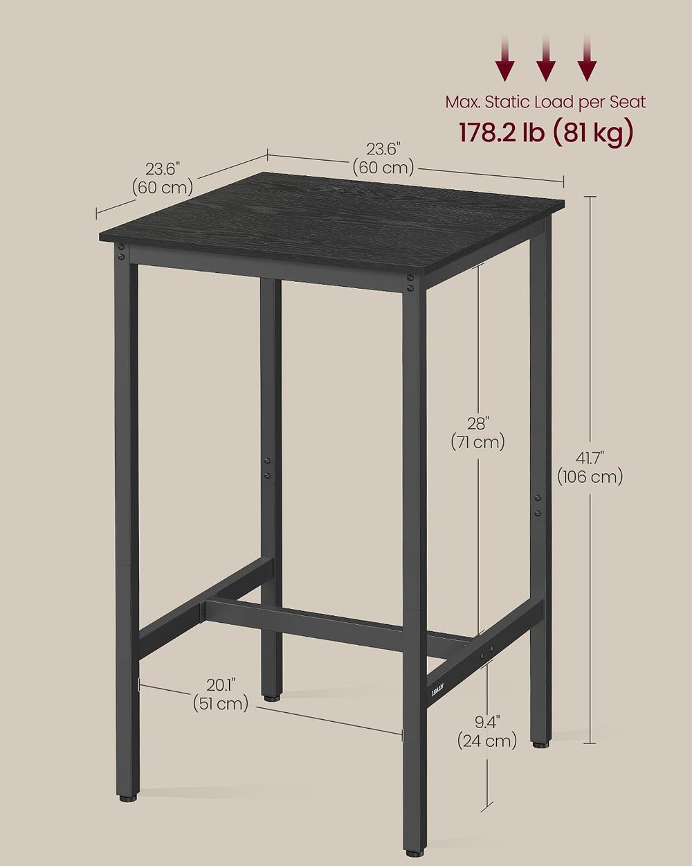 VASAGLE Bar Table, High Top Pub Table, Square, Metal Frame