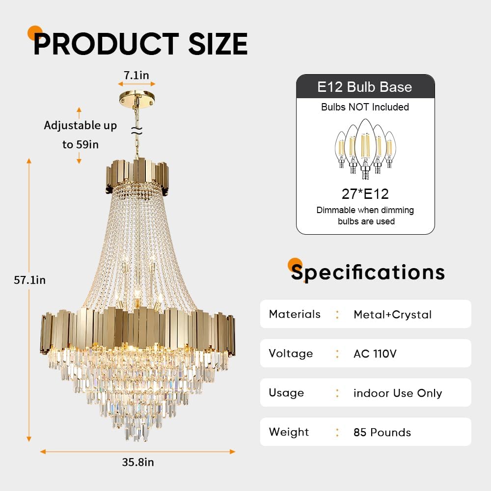 Crystal Chandeliers for High Ceilings 27-Light Modern Chandelier Large Gold C...