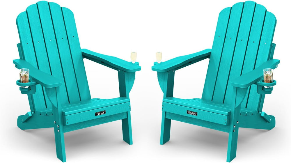 Folding Adirondack Chairs Set of 2, HDPE Outdoor Chair with 2 Cup Holders