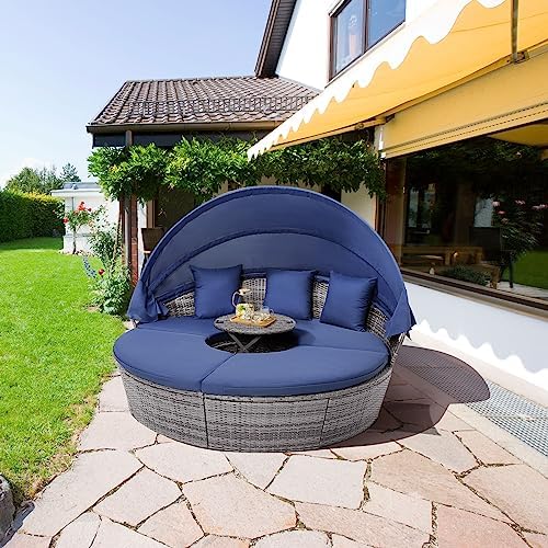 HAPPYGRILL Outdoor Daybed with Canopy, Wicker Rattan Sectional Sofa with Coff...