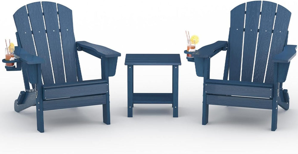 HDPE Folding Adirondack Chair Set of 2 with Side Table, Navy Blue