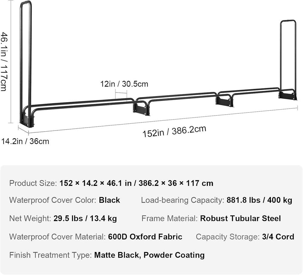 VEVOR 12.7FT Outdoor Firewood Rack with Cover, Firewood Holder for 3/4 Cord