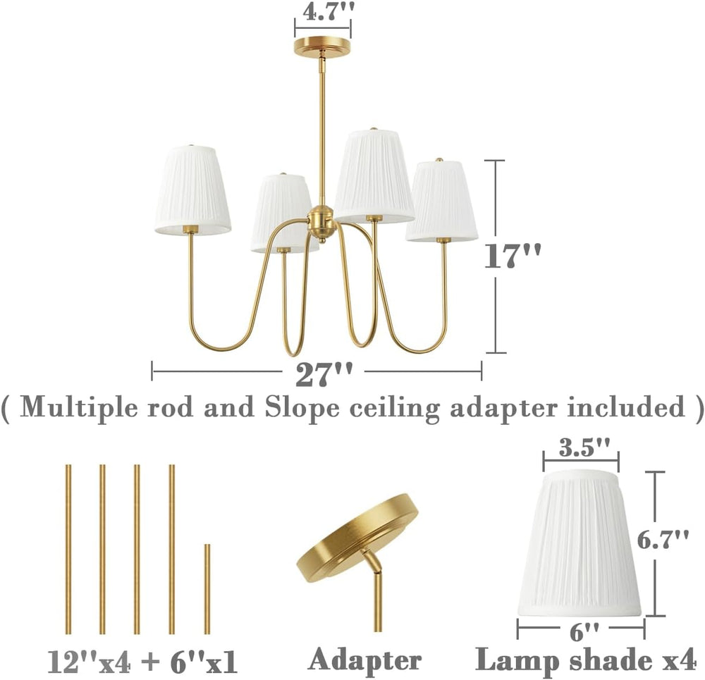 Electro bp;27"Dia 4-Arm White Pleated Fabric Shade Chandelier Polished Gold