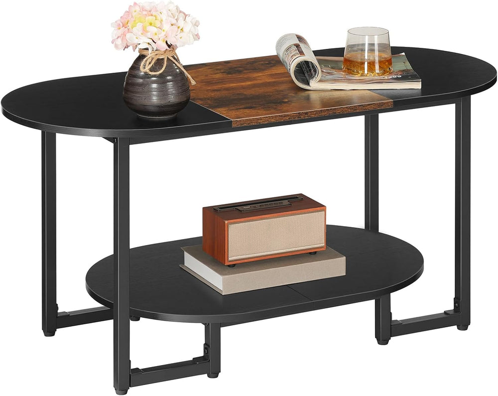HOOBRO Coffee Table for Living Room, Oval Small Coffee Table with 2-Tier Open...