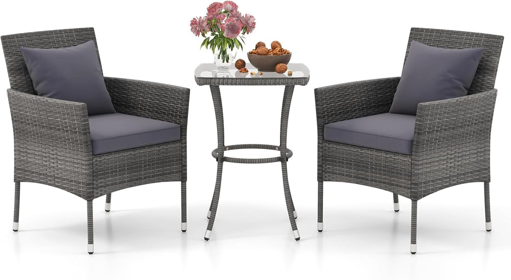 Tangkula 3-Piece Patio Furniture Set, PE Wicker Conversation Bistro Set w/A T...