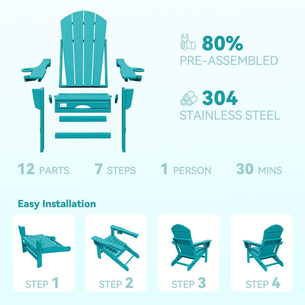 Mdeam HDPE Folding Adirondack Chairs Set of 2, 3-Level 400 lbs, Aruba Blue