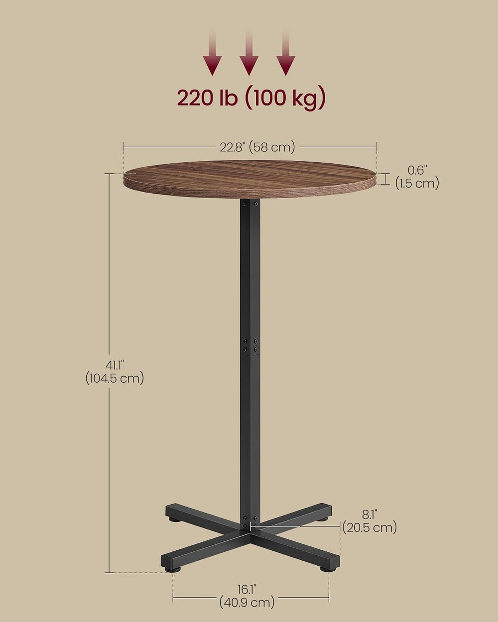 VASAGLE Round Bar Table, High Top Bar Pub Table, Metal Frame and Cross Base
