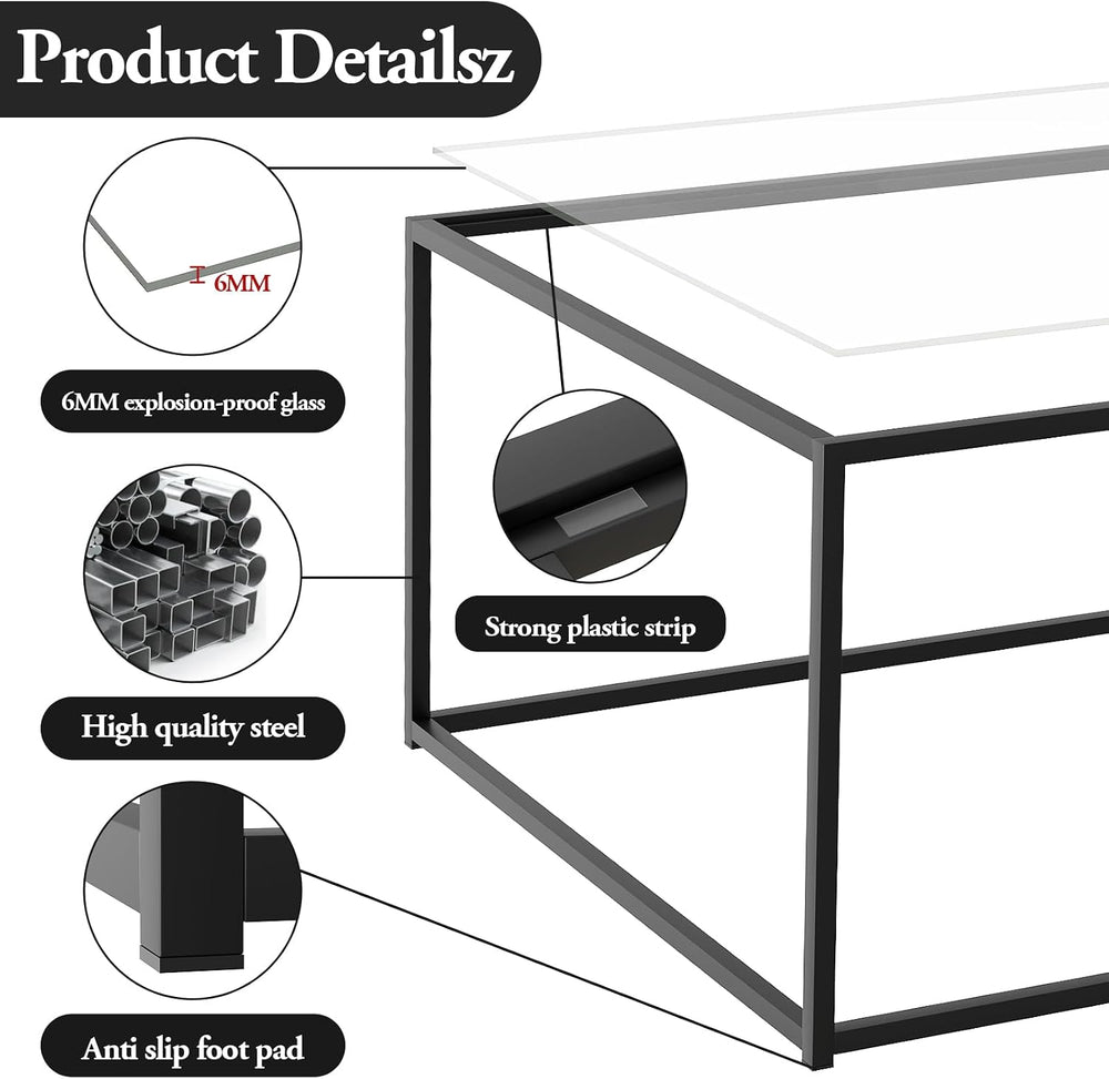 Black Glass Coffee Table for Living Room,Square Coffee Tables for Small Space...