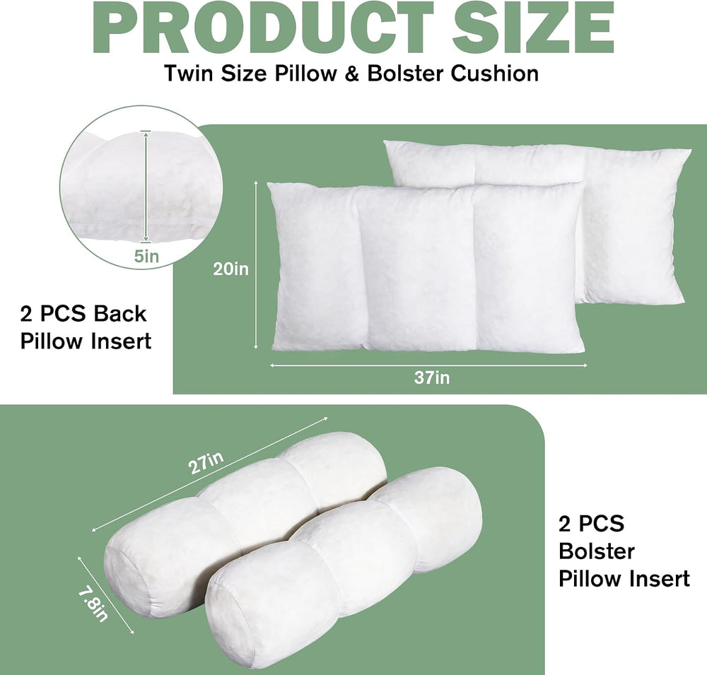 Twin Size Pillow & Bolster Cushion Shredded Foam Filled Daybed Cushions R...