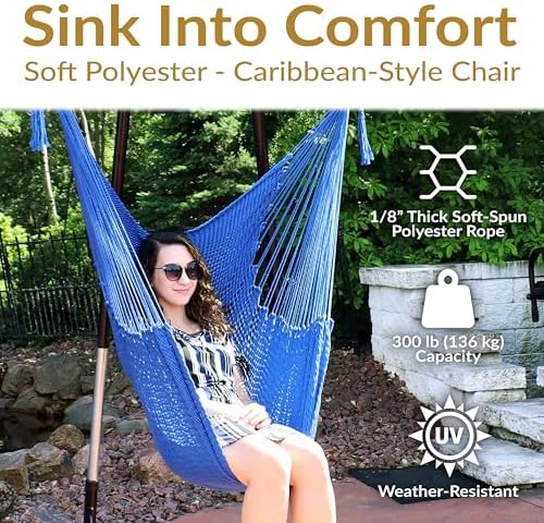 Sunnydaze Hanging Hammock Chair Swing for Patio, Caribbean, Blue
