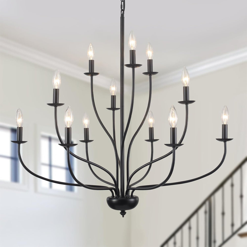 Black Chandelier 12 Light, Large Farmhouse Chandelier for Dining Room